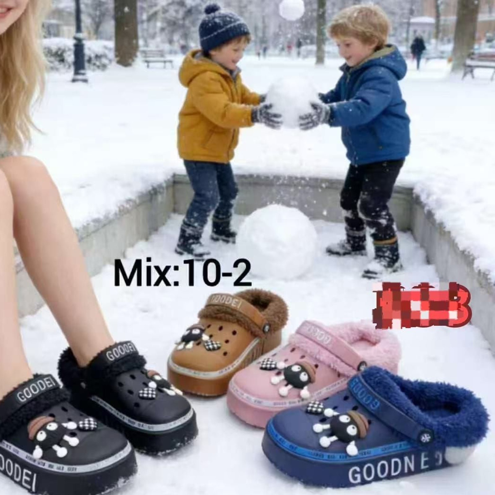 Goodei Unisex Platform Winter Clogs with Faux-Fur Lining and Cartoon Charms